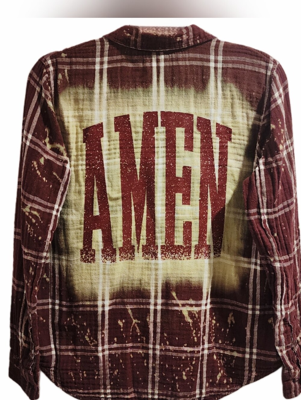 Amen Custom Bleached Christian Upcycled Plaid Shirt, Women's S